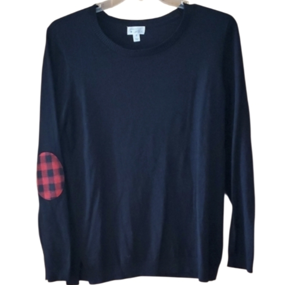 Market & Spruce Womans Black Swrater With Buffalo Check Elbow Patches Size XL